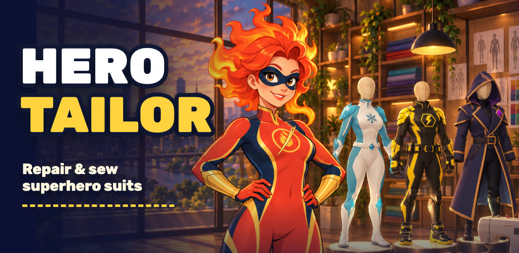 Blaze, a fire superhero in her red suit, in a cozy loft atelier next to ice, lightning and mage suits